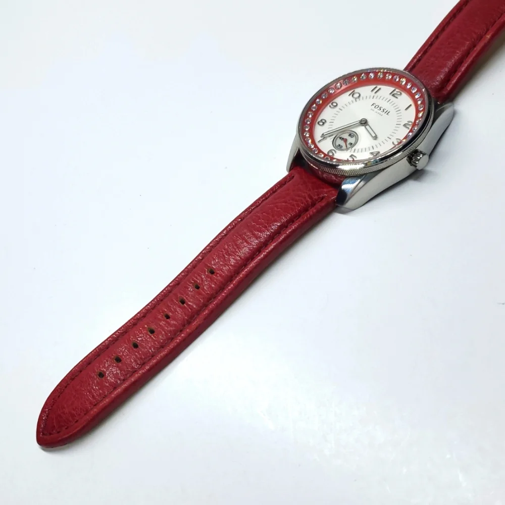 Fossil Watch AM-4188 Silver Watch Red Leather Band Crystal Bling